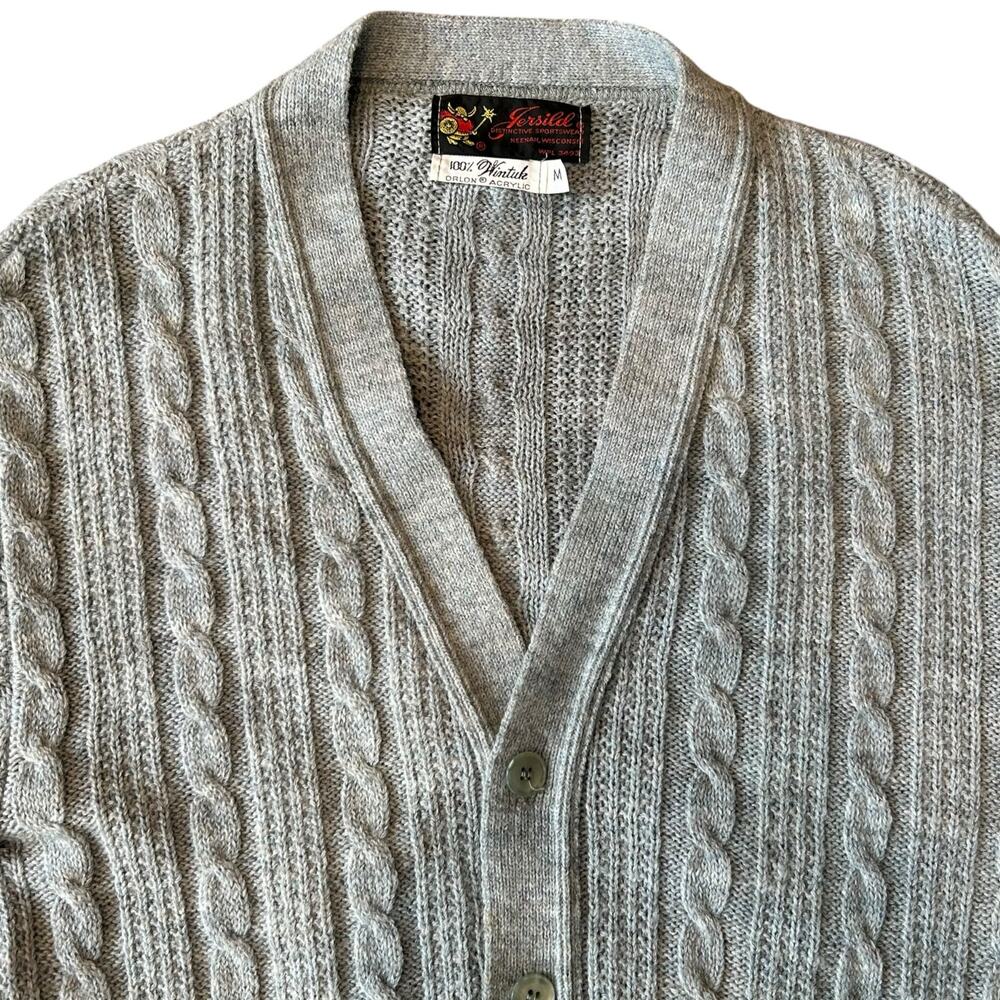 Vintage 60s Gray Cable Knit Cardigan Acrylic Sz M - Picture 4 of 11